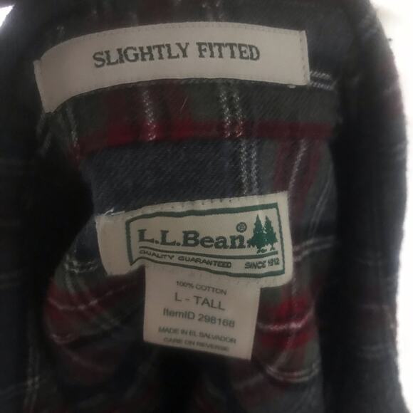 L.L. Bean Slightly Fitted Cotton Plaid Gray Red Flannel Button Down Size L Tall - Picture 6 of 7